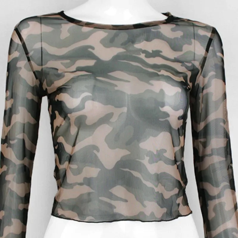 

Women Crop Tops Long Sleeve Camouflage Print Tees T-shirt Fashion Mesh See Through Ladies Sexy Short Women Summer Y2k Top