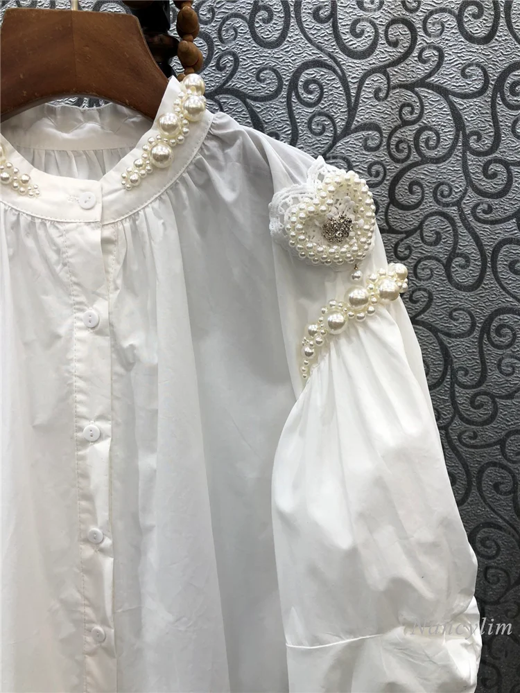 Loose Long White Blouse for Women 2023 Spring Love Beads Lantern Sleeve Shirt European and American Style Top Shirts Blusas