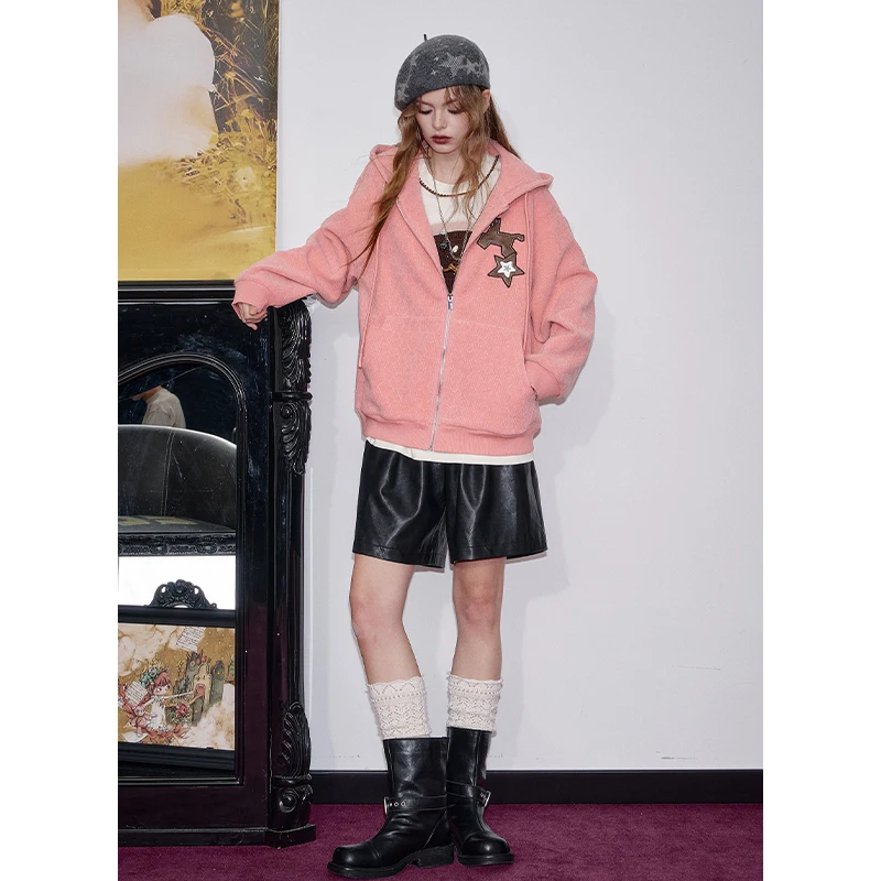ELFSACK 2025 Autumn New Arrivals Casual Y2K Heart-Shaped Texture Star Pattern Hooded Drawstring Jacket For Woman