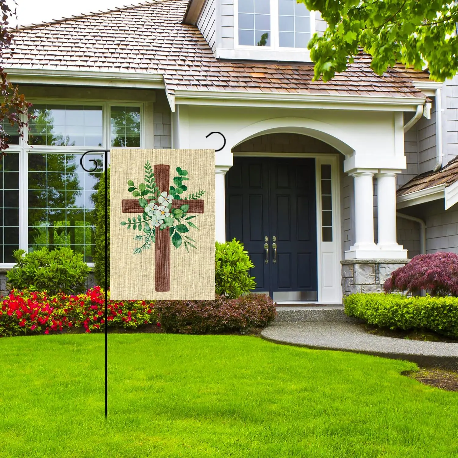 WATINC Spring Summer Eucalyptus Christian Cross Linen Garden Flag, Eucalyptus Leaf Flora Farmhouse Yard Decoration, Easter P yyi