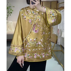 2024 New Autumn Chinese style Full Embroidery Flower Tang Costume Loose Round Neck Asymmetric Single Breasted Top Jacket S-XXL