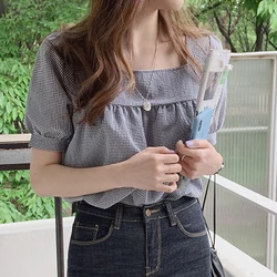 여성 셔츠 Summer Short Sleeve Blouses Pullover Elegant Square Neck Plaid Print Women Shirts Casual Tops Korean Streetwear chemisier