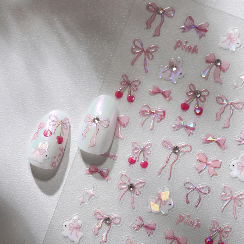 

Laser Sparkle Bow Nail Stickers Soft Sweet Girl Bunny Cloud Holographic Glitter Waterproof High Quality Self Adhesive