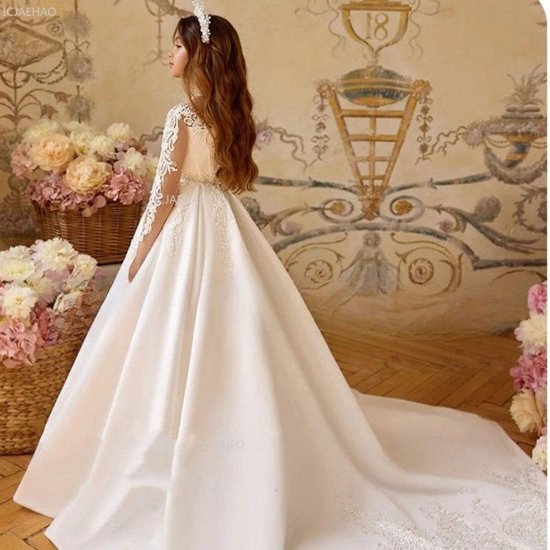 New Girls Satin Princess Party Dress Children Evening Gown for Host Piano Performance Kids Pageant Formal Celebration Dresses