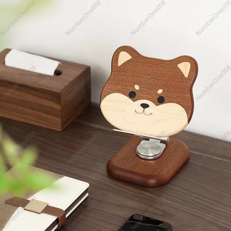 Adjustable Angle Phone Stand, Solid Wood Desktop Holder for Cell Phone Tablet, Cute Dog Themed Office Organizer