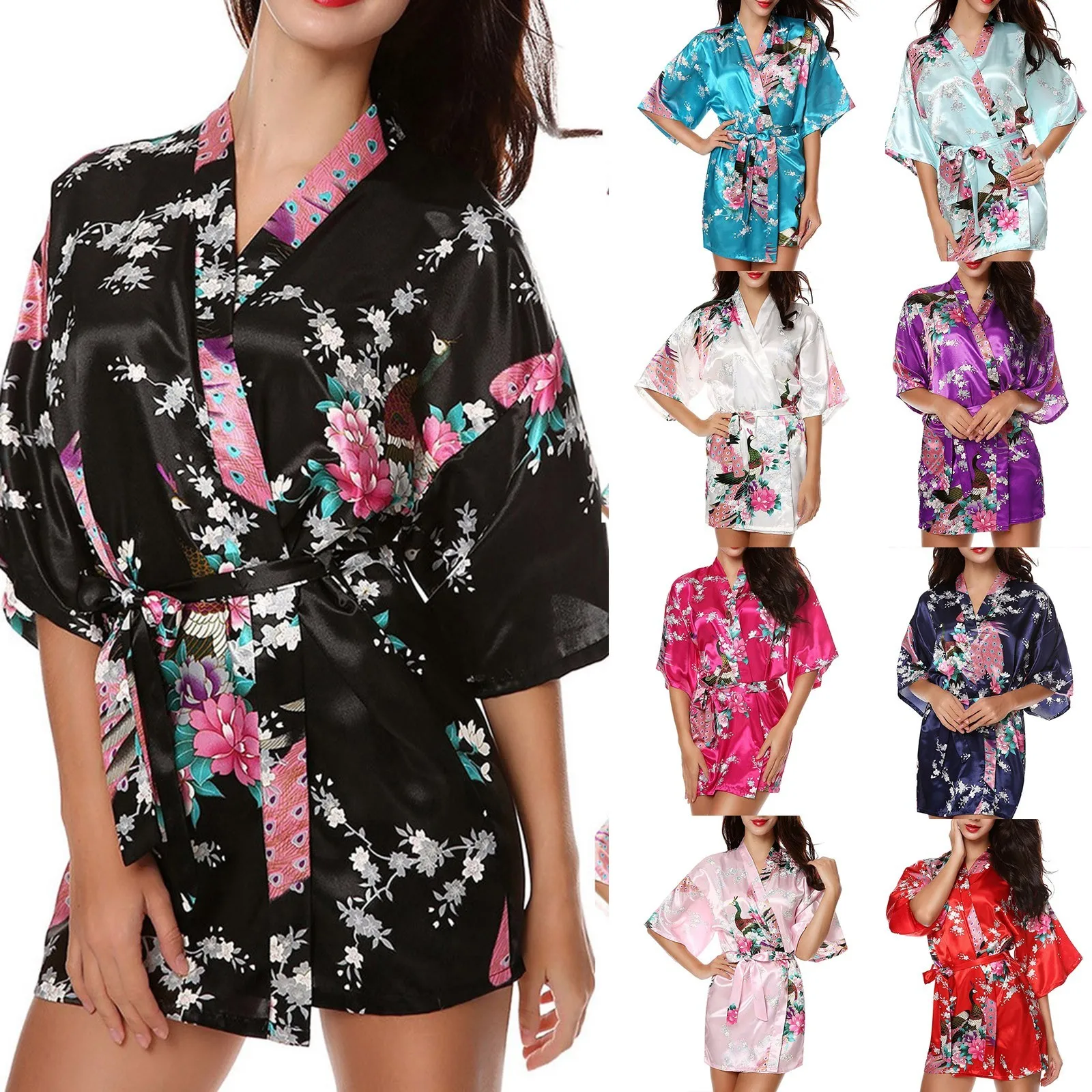 Ladies’ Simulation Silk Printing Traditional Classic Robe Fashion Gown Bath Robe Bird And tree Print Comfortable Sleepwear