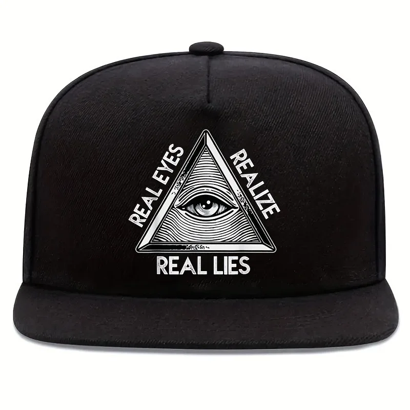 1pc, REAIZE REAL EYES REAL LIES Printed Flat Brim Cap, Fashion Trendy Street Hip-Hop Hat, Unisex Adjustable Baseball Cap