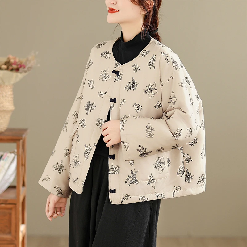 

High-End Chinese Style Printed down Cotton Jacket Women's Winter Coat Button Closure Warm Liner Cardigan Top Dream Qing Sha Po