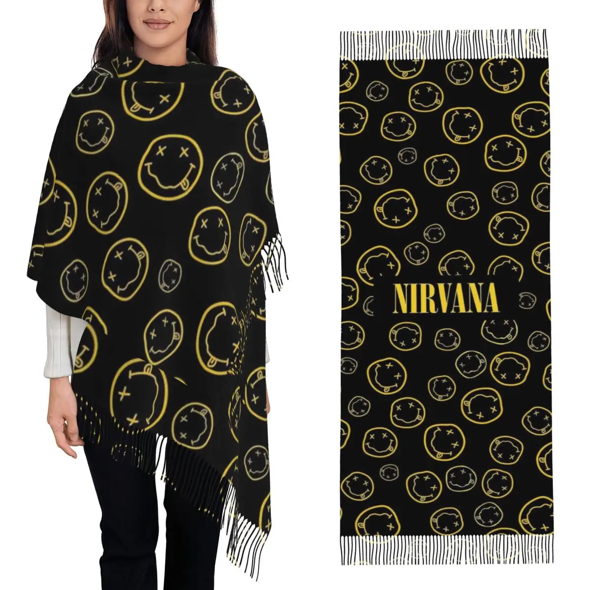 Nirvanas One Sided Smile Scarf Tassel Scarves Women Soft Warm Shawls and Wraps Long Fall Winter Shawl Wrap