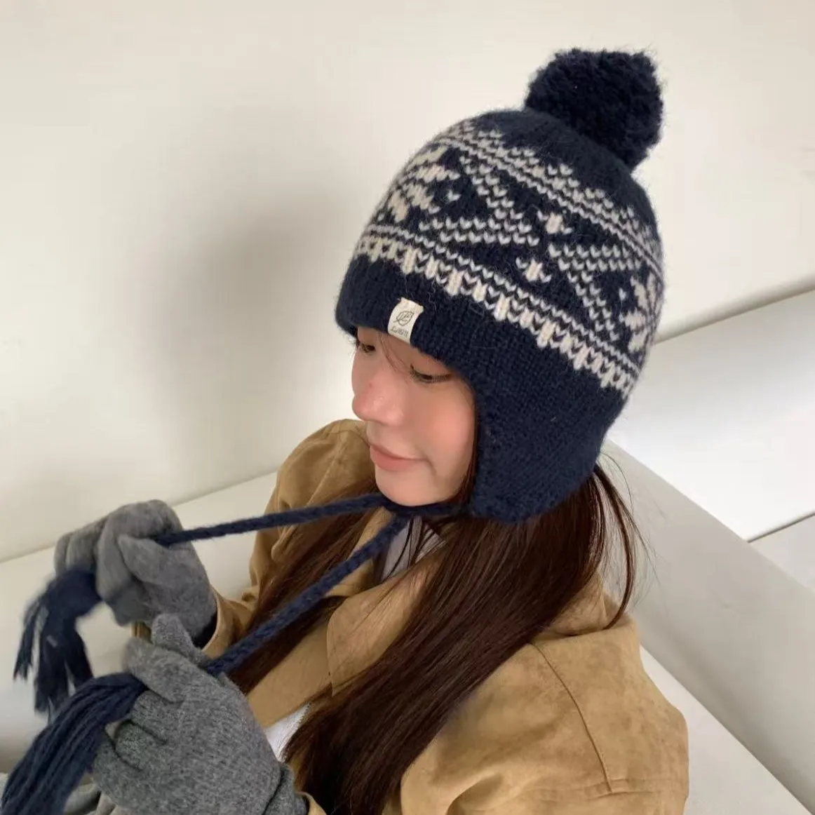 Winter Fair Isle Vintage Trapper Aviator Hats for Women Earflap Warm Knitted Cap Ear Protection Outdoor Skiing Protectors Gorro