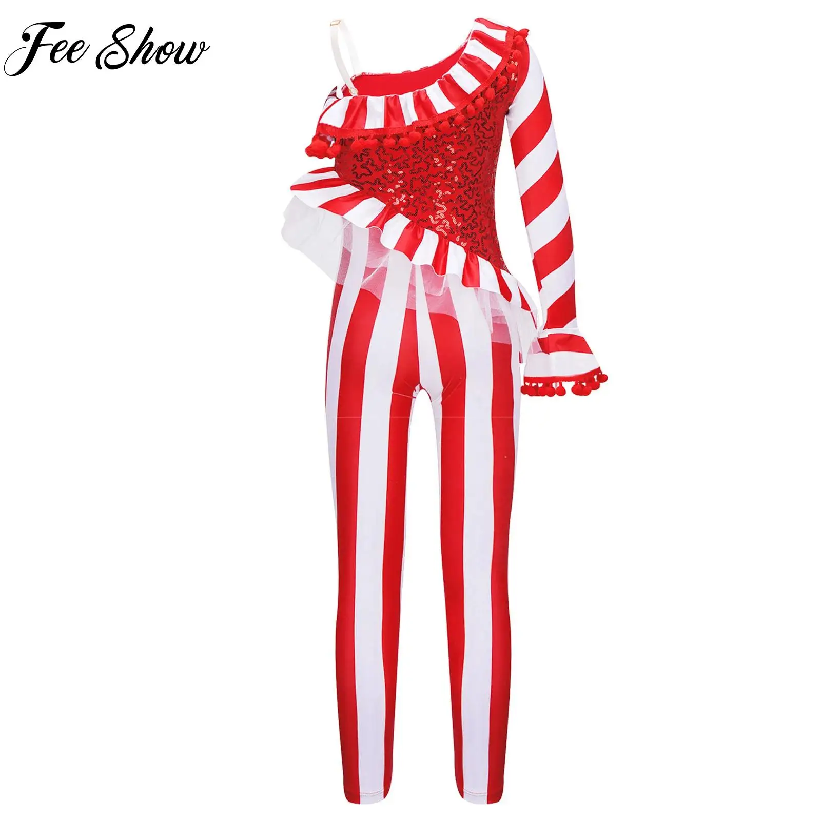 Kids Girls Candy Cane Dance Bodysuit Christmas Jumpsuit One Shoulder New Year Holiday Xmas Santa Cosplay Costume Dancewear