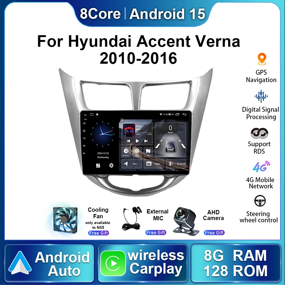 

Для Hyundai Accent Verna 2010 2011 2012-2016 Беспроводной Carplay Android 15 Авто Радио Стерео Навигация GPS Автомобильный Мультимедийный Плеер