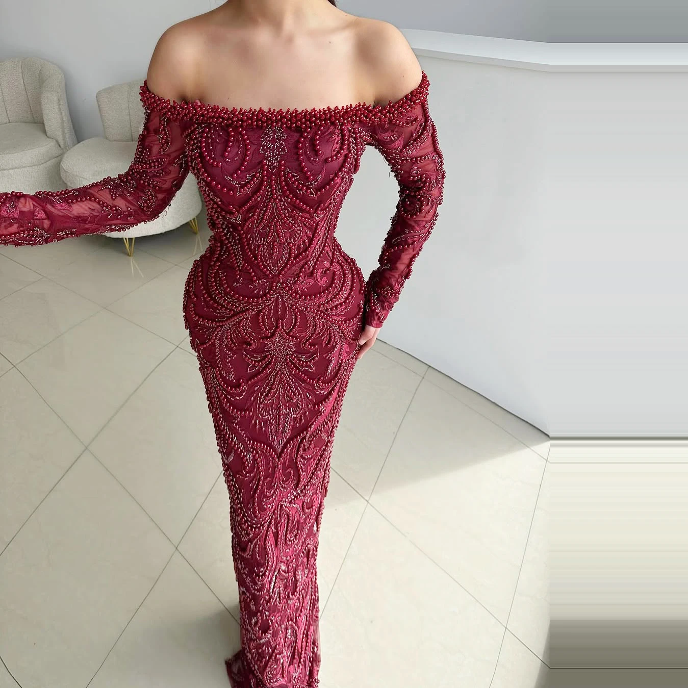 

Вечернее платье на одно плечо со съемным шлейфом, расшитое бисером вечернее платье бордового цвета, вечернее платье русалки для ужина, на заказ