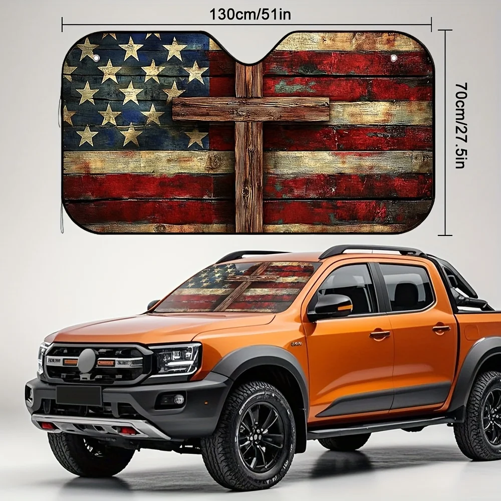 1pc American Flag Cross Design Car Sunshade Foldable, Stylish Polyester Sun Protector with Roll-Up Closure