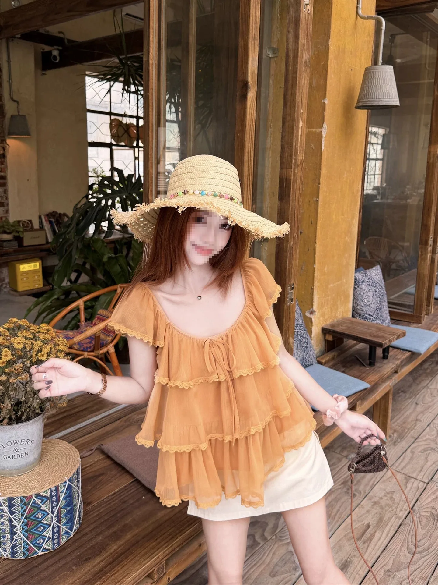 Summer 2026 New Style Women's Lace Trimmed Chiffon Top Puffy Doll Shirt Fly Sleeve Transparent Outerwear Korean Style Commute