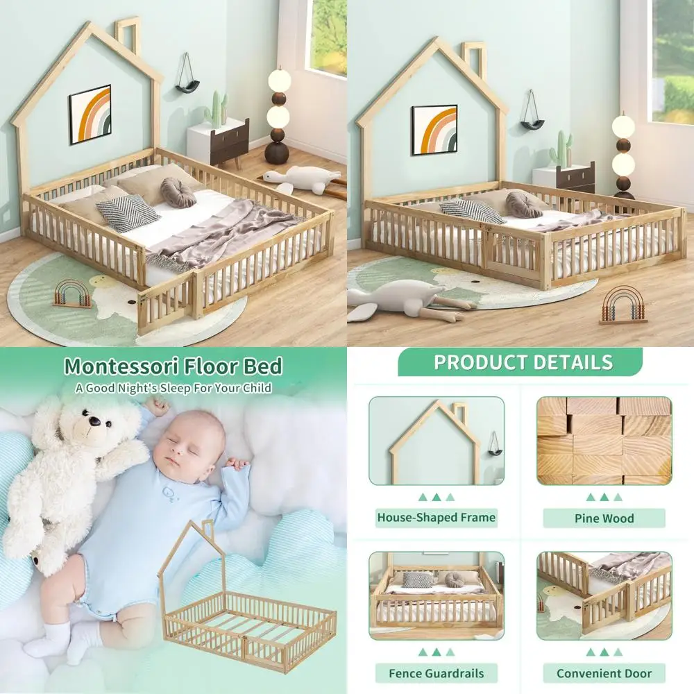 Marco de cama para niños pequeños Montessori: estilo casa moderna con cabecero con hendidura, hecho de madera de pino y longitud completa