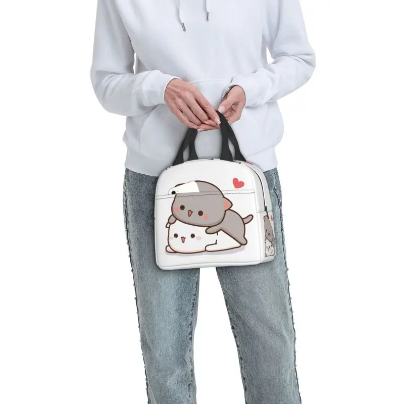 Peach And Goma Mochi Cat Tears Insulated Lunch Bag for Women Waterproof Thermal Cooler Lunch Tote Office Picnic Travel