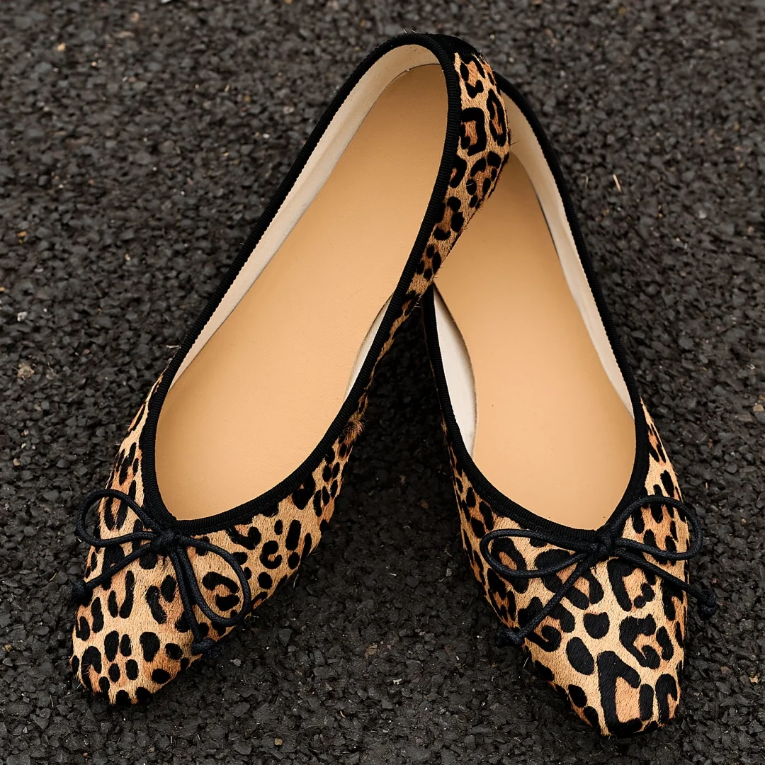 Women's leopard horsehair round toe slip-on 2.5cm kitten heel slip-on flats elegant ladies sweet bowtie daily slim dress shoes image 2