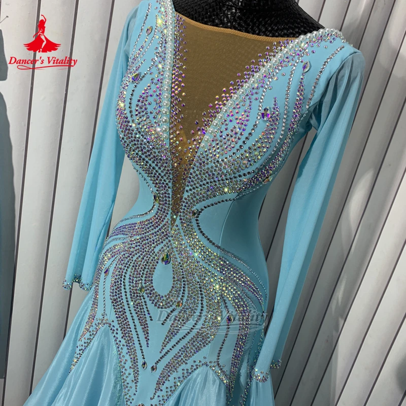 Wiener Walzer AB-Steine, lange Ärmel, umwickelte Hüften, Kleid, individuell anpassbare Tänzersvitalität, Gesellschaftstanz für Erwachsene, Führungskleidung und Wettbewerb