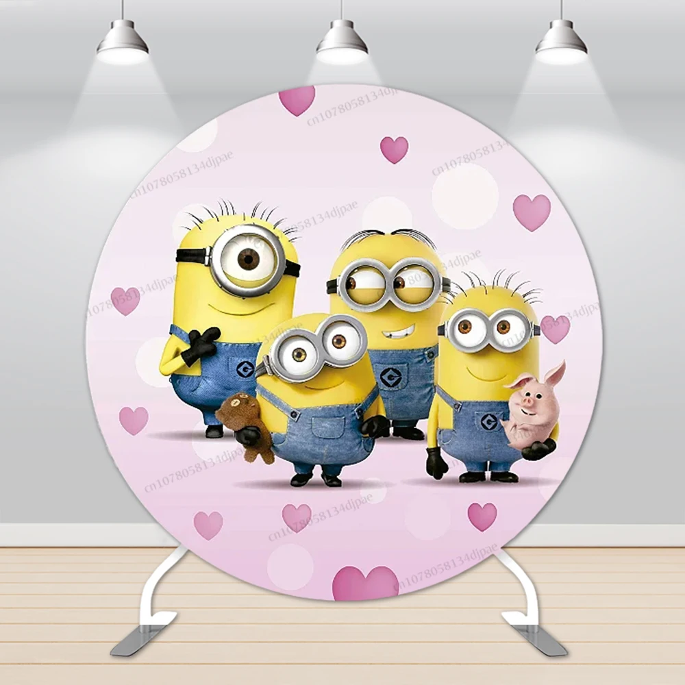 Minions Round Background Ror Girl First Birthday Party Backdrop Cover Pink Peach Heart Big Eyes Elastic Pedestal Banner Decor