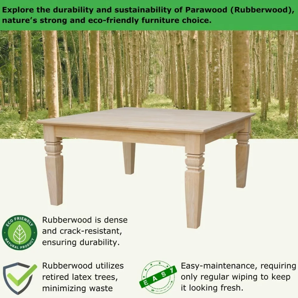 IC International Concepts 18" H Java Square Coffee Table Farmhouse, Living Room Furniture, Sturdy Solid Parawood, Paint or Stain