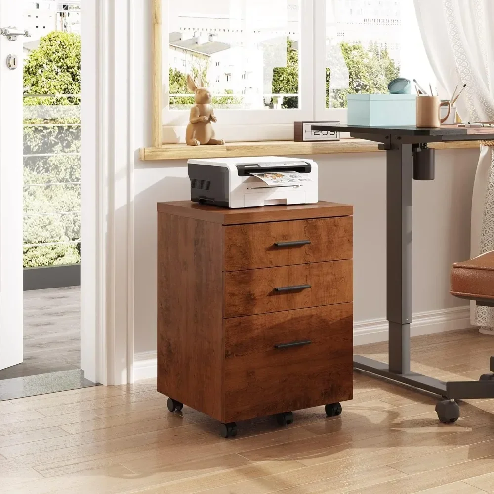 3-drawer Filing Cabinet, Suitable for Home Offices, Wooden Under Desk Filing Cabinet, with Wheels, Walnut Wood