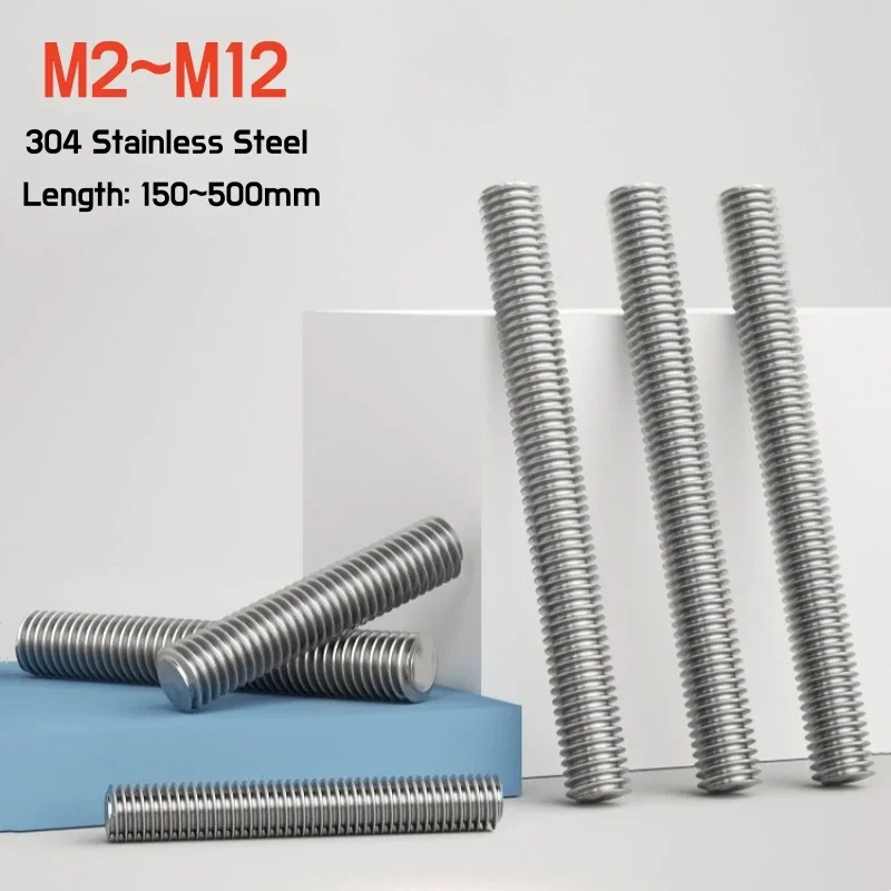 M2M2.5M3M4M5M6M8M10M12 304 Stainless Steel Full Thread Bar Bolt Wire Threaded Rod Stud Tooth Stick DIN975 Length 150~500mm