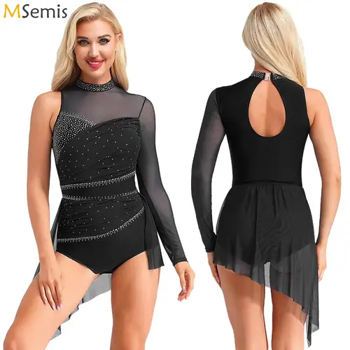Traje de actuación de gimnasia rítmica para mujer, baile de Ballet, patinaje artístico, diamantes de imitación brillantes, vestidos superpuestos de leotardo de manga larga