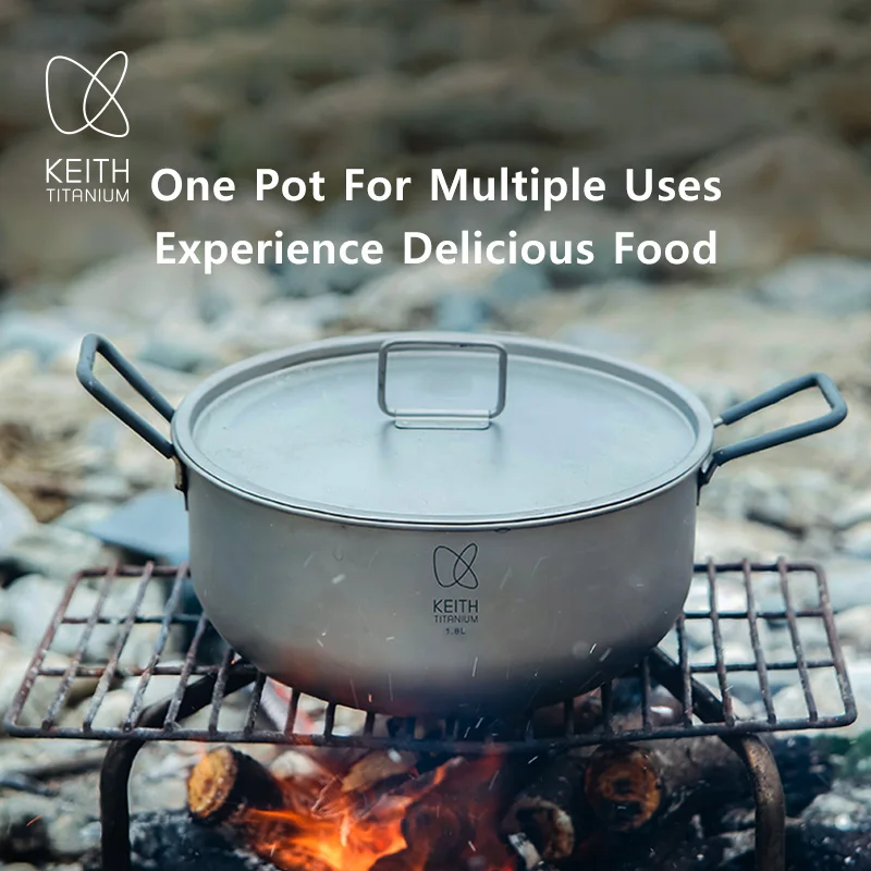 KEITH 1.8L Pure Titanium Cooking Pot Portable Camping Soup Pot with Storage Bag Foldable Handle for Home Outdoor - view 2