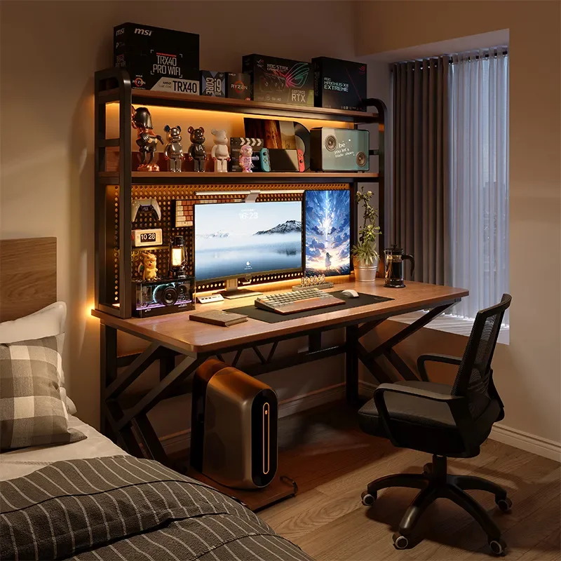 Desktop Computer Desk with Bookshelf Integrated Small Apartment Hole Board Learning Table for Home Bedroom