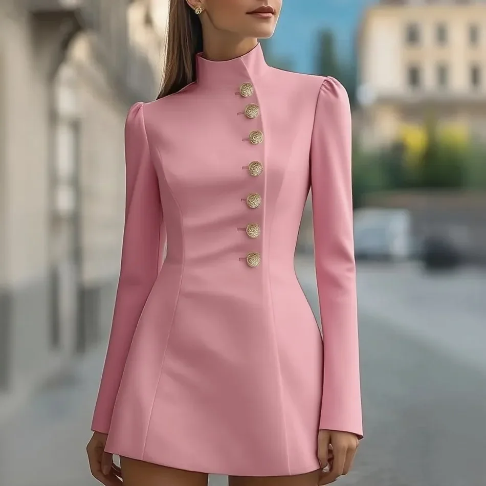 Neues Herbstkleid für Damen, elegantes Minikleid, einreihiges Damenkleid, langärmliges, schmales, sexy Kleid, Freizeitanzug, Damenbekleidung – Detail 6