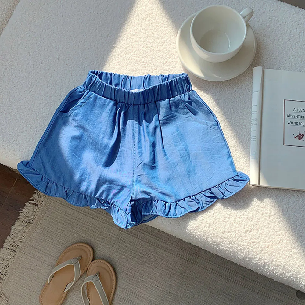 الفتيات طفل الصيف رقيقة الدنيم السراويل 2025 الكشكشة مرونة الخصر سراويل قصيرة غير رسمية الاطفال الأزرق السراويل الساخنة ملابس الأطفال السراويل #6