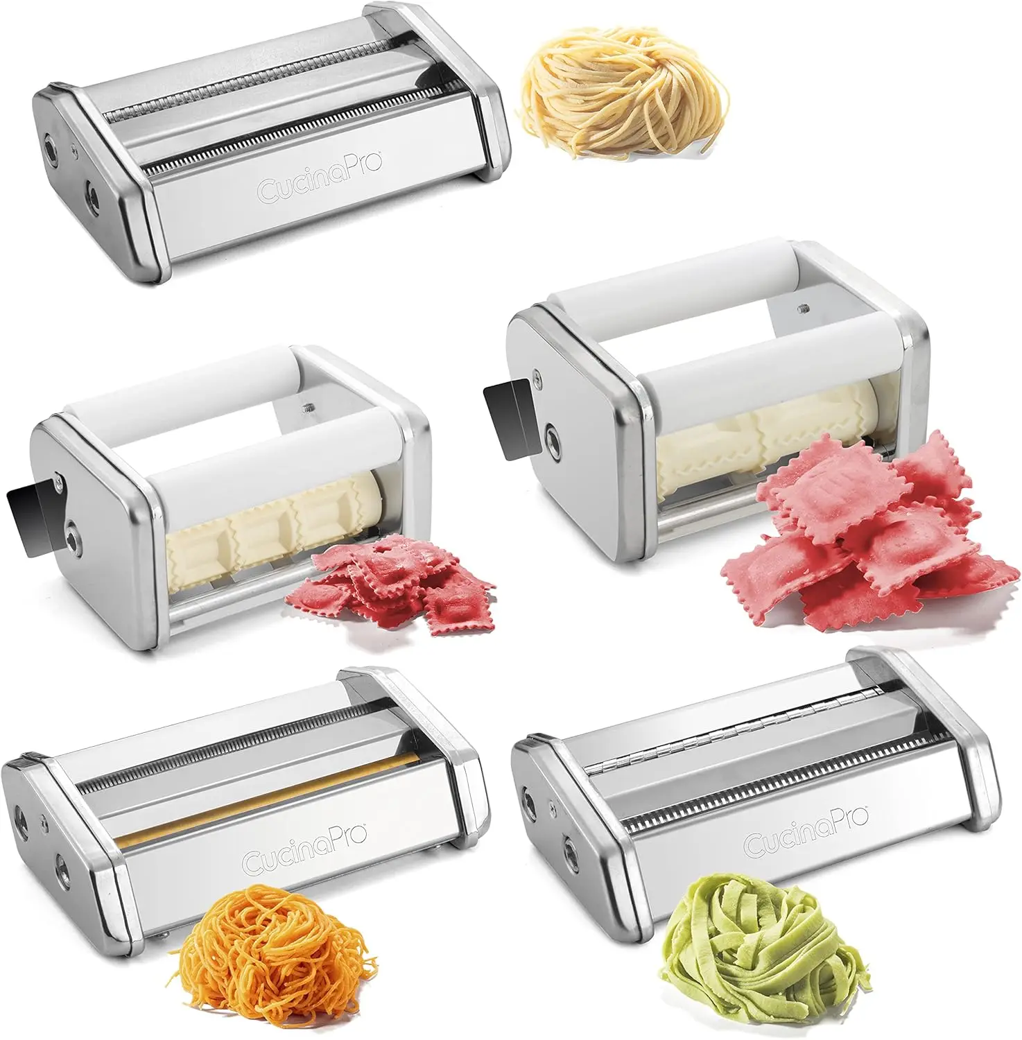 

Pasta Machine Attachment Set with 5 Cutters for Homemade Spaghetti, Fettucini, Ravioli - Easy Pasta Making