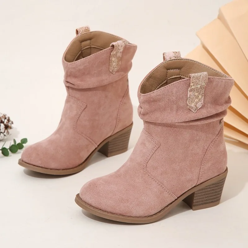 2025 Autumn Winter New Kids Denim Boots for Girls - Stylish European & American Ruffled Mid-Calf Fashion botas para niñas