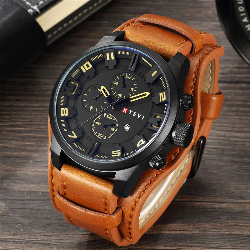 Vintage Men Watch Leather Strap Sports Quartz Men\'s Watches Fashion Big Dial Date Business Electronic Wrist watch Clock for Men