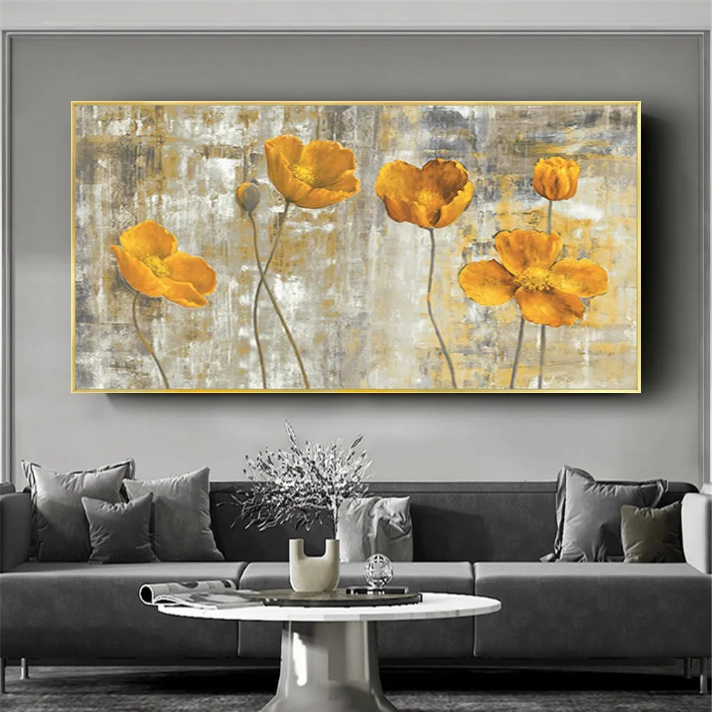 

Golden Lotus Abstract Canvas Paintings Flowers 100% Handmade Cuadros Wall Art Pictures For Living Room Home Decor Oil Poster