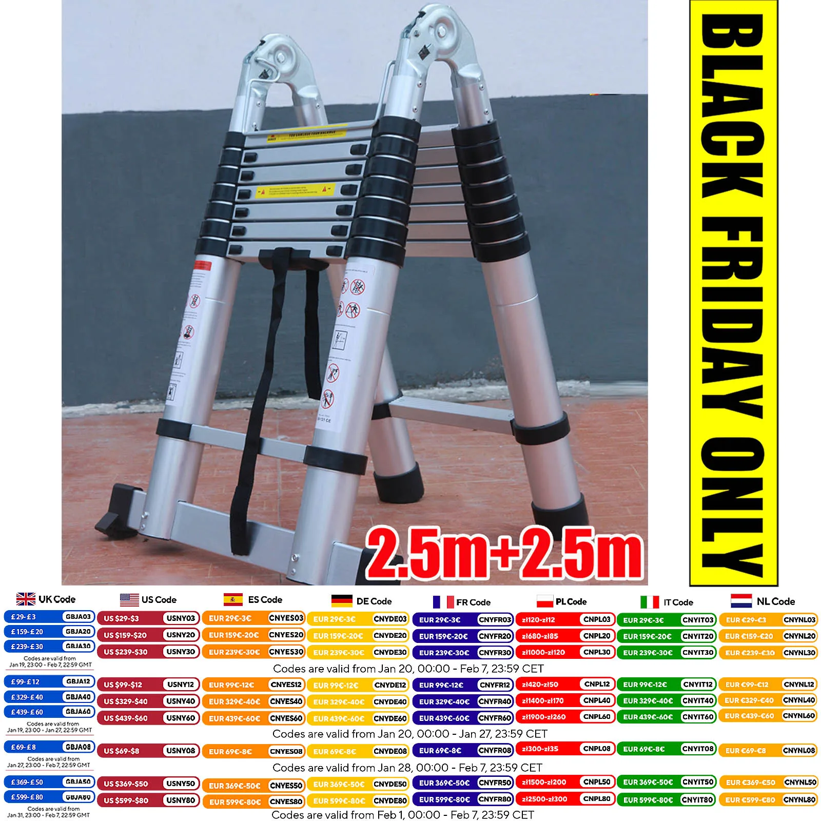 

Telescopic Folding Ladder 2.5M+2.5M Multi Purpose A-Frame Heavy Duty Loft Ladders 16.5 FT Aluminum with Stabilizer Home Tools