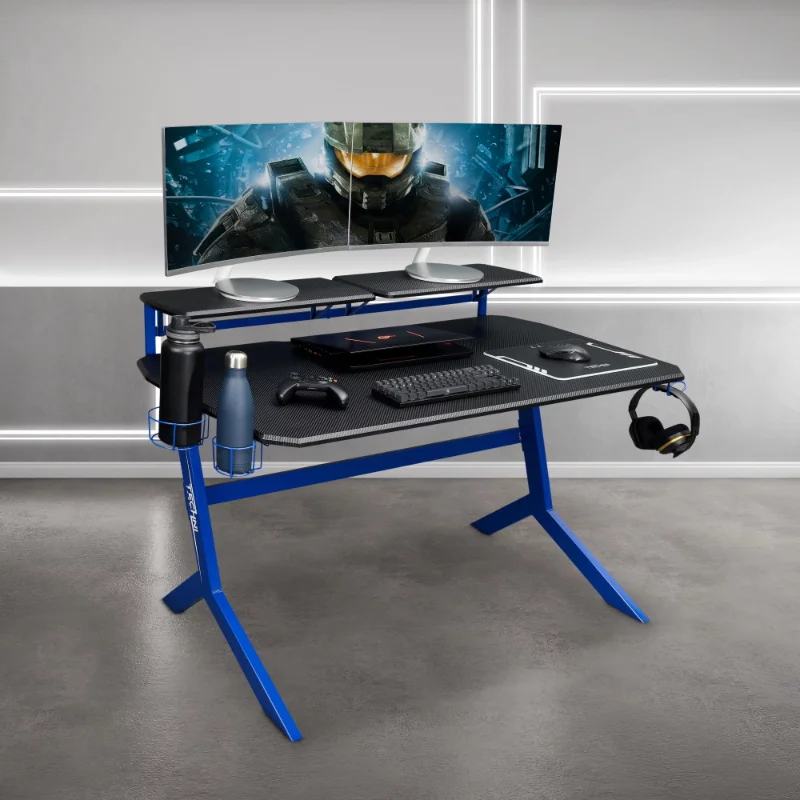 Techni Sport Blue Stryker Gaming Desk con soporte para auriculares y estantería