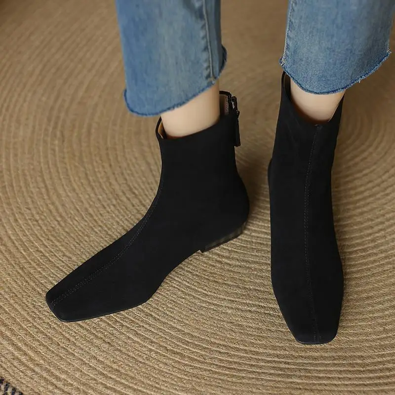Lenkisen Sheep Suede Low Heels Modern Boots Square Toe Winter Autumn Shoes Keep Warm Zipper Concise Dating Ins Women Ankle Boots