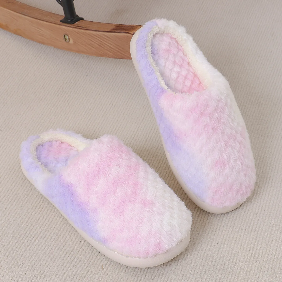 Gacimy الشتاء غامض شبشب منزل للنساء موضة التدرج اللون رقيق الشرائح لينة وحيد الفراء أحذية قطنية دافئة نعال قماش #5
