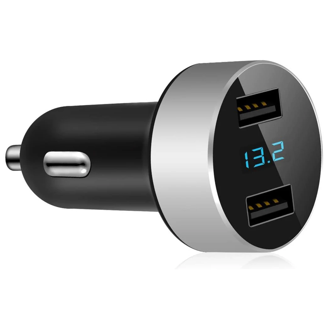 Dual USB Car Charger, 4.8A Output Car Adapter, Cigarette-Lighter Voltage Meter for iPhone,iPad,Samsung,LG, Etc, Silver