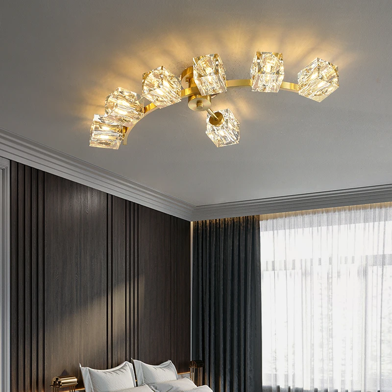 Modern Gold Copper Ceiling Lamp Luxury Crystal Semi-circle Chandelier Ice Cube Ceiling Light For Kitchen Living Room Dining Hall