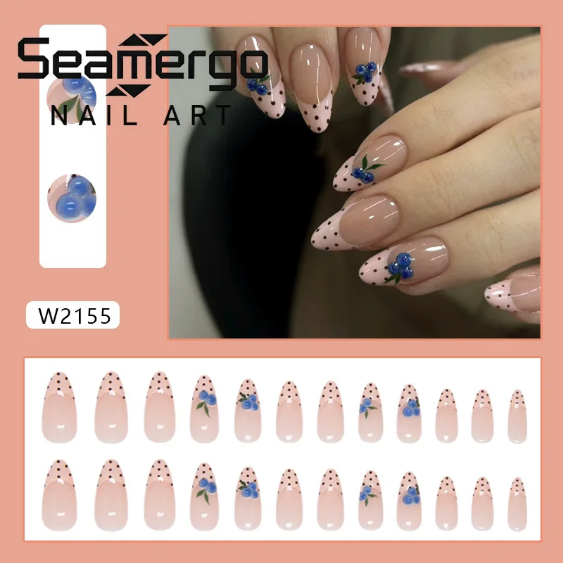 

24 шт. накладных ногтей в форме миндаля с голубыми точками, нюдово-розовые, милые, с фруктовым дизайном, для женщин, на каждый день, милый и очаровательный дизайн