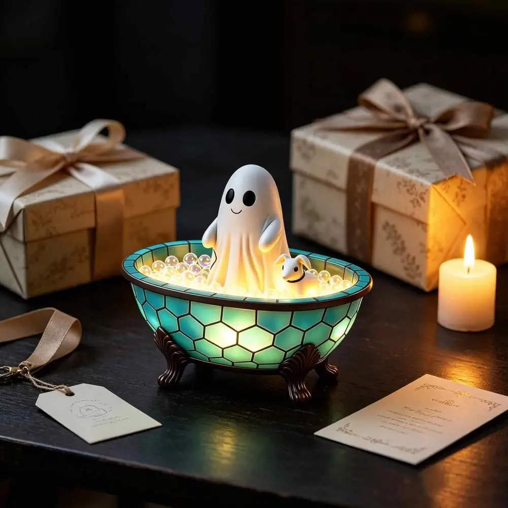Window Ornament Stained Glass Style Resin Ornament Ghost Bubble Bath Lamp Cute Halloween Night Light Decorative for Bedroom