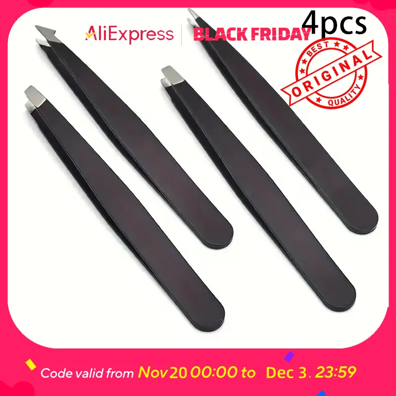 Juego de pinzas para cejas profesionales de acero inoxidable de 4 piezas, puntas planas y de hoja de punta inclinada para el cuidado de precisión con estuche de viaje