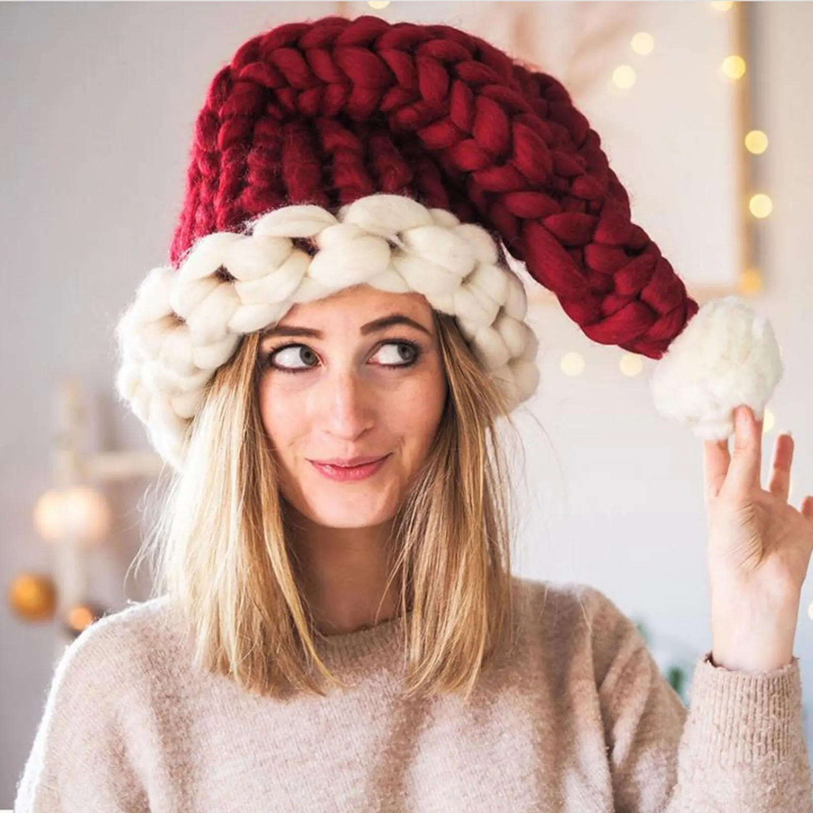 Women Christmas Santa Claus Hat Soft Iceland Woolen Knitting Hat with Ball Xmas Gifts for Adults Women Christmas Decoration