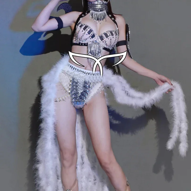 Sexy Gogo Tänzerin Outfit Diamant Bikini Pelz Rock Frauen Party Pole Dance Kleidung Nachtclub Dj Ds Gogo Kostüm Bühne Tragen XS6934