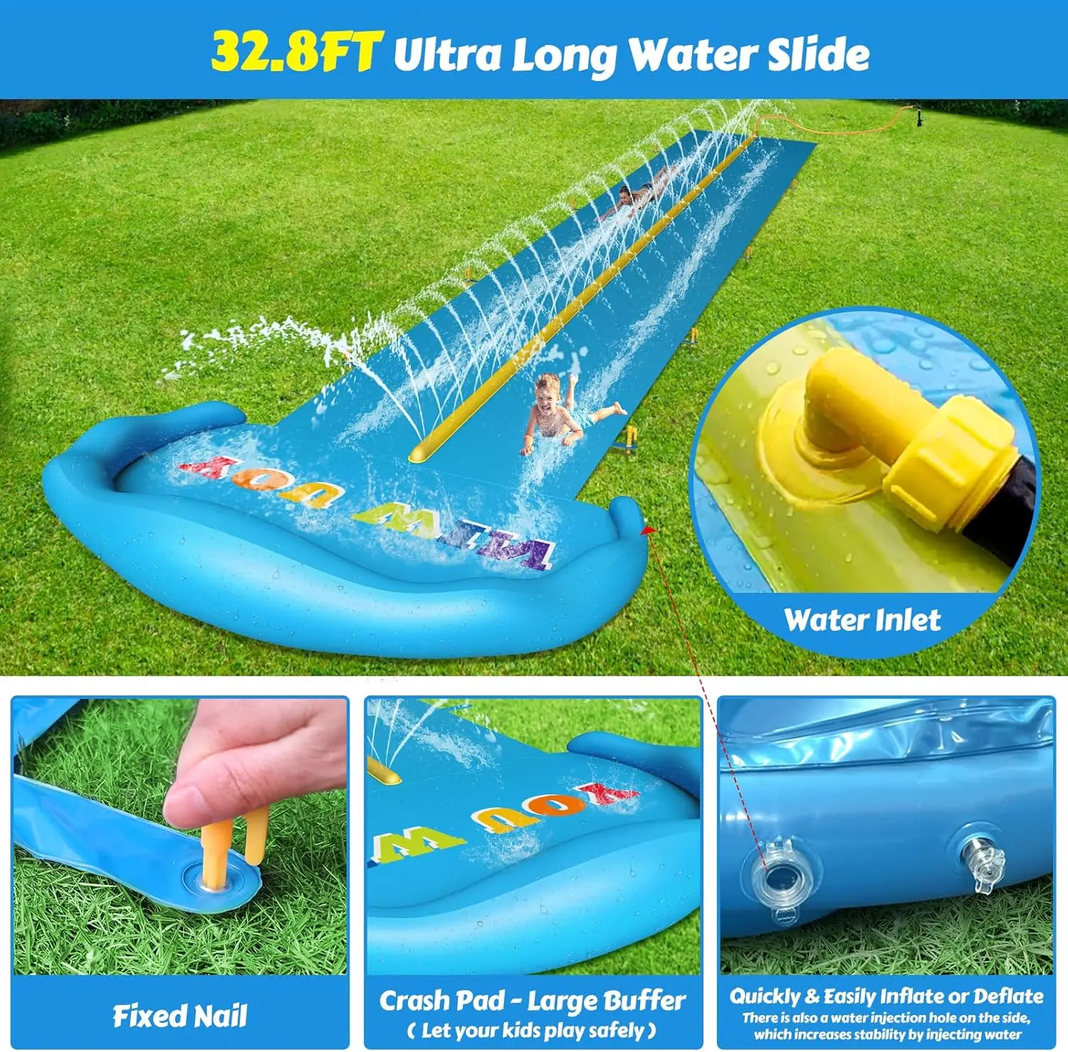 Glissière aquatique gonflable de 32,8 pieds, avec 2 voies de course et 2 planches pour enfants garçons filles adultes