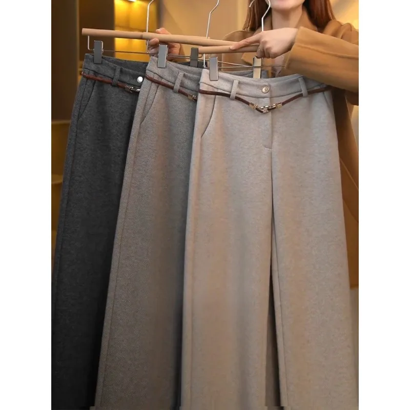 

Slimming Straight-Leg Pants for Women, and Winter Elegant Glutinous Rice Pants, Fleece-Lined Thickened Narrow Woolen Wide