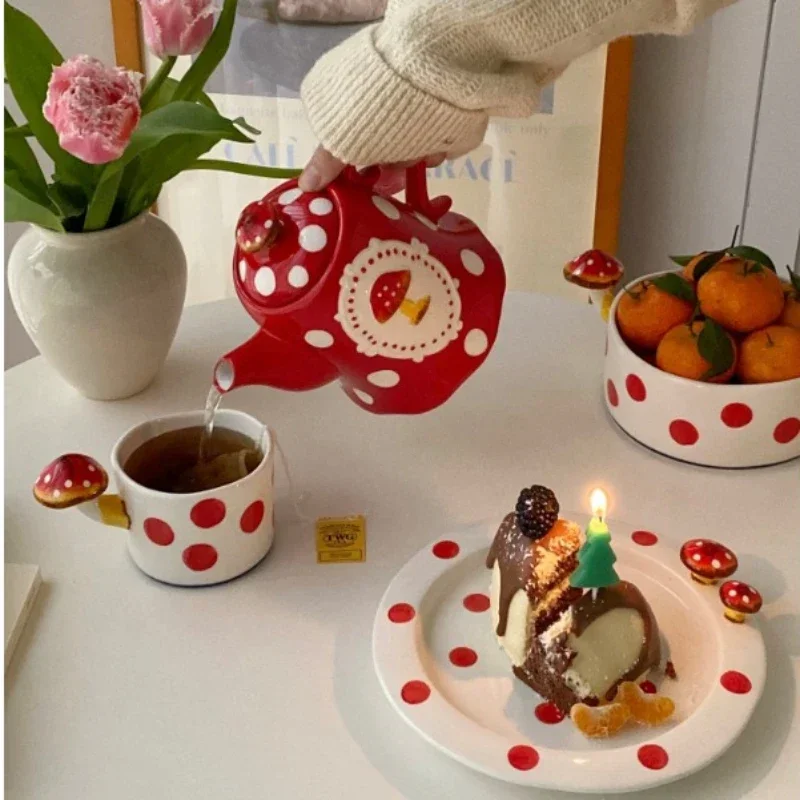 Hand-Painted Dot Bowl, Binaural Handles, Mushroom Bowl, Cute Ceramic Set, Tableware for Home, Decorative Soup Bowl